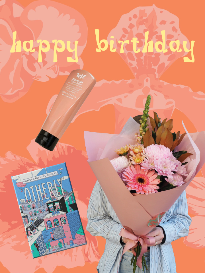 Happy Birthday text with a hand cream, chocolate block, and bouquet on an orange background