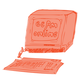 Illustration of a computer with 'eefm online' on the screen, drawn in red