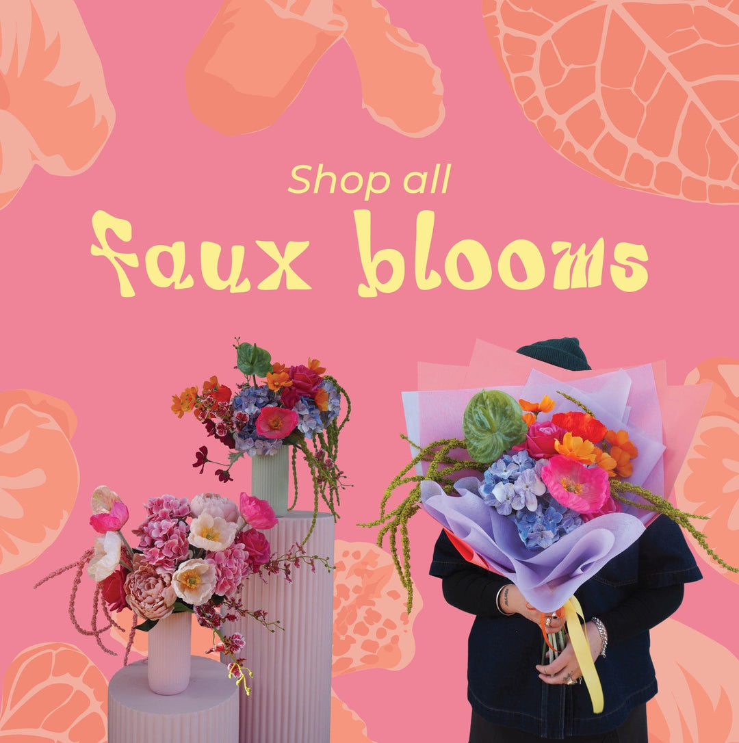 Promotional graphic for faux blooms with colorful floral arrangements on a pink background.