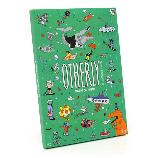 Green advent calendar with cartoon illustrations on a white background