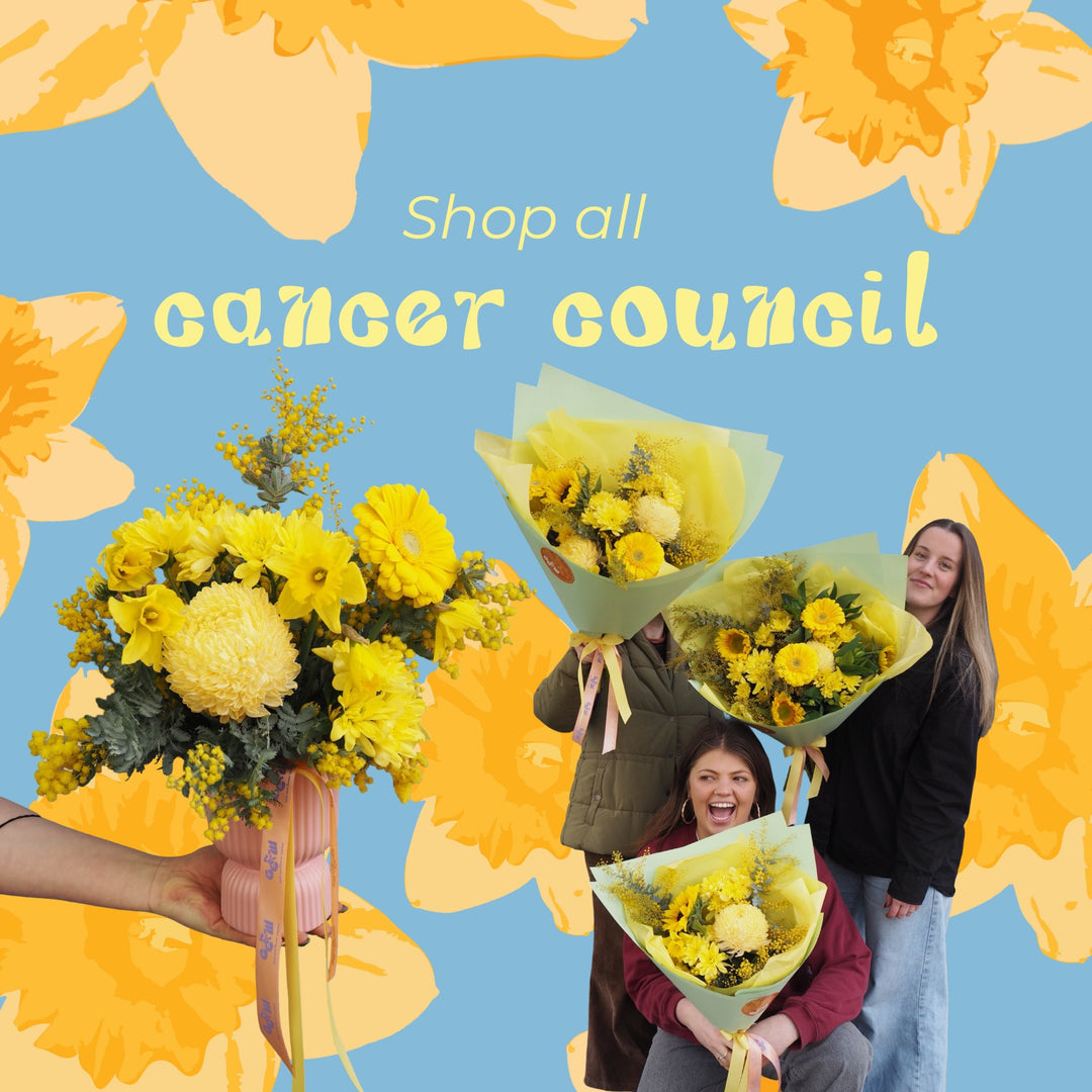 People holding yellow flowers with a blue background and text overlay that says shop all cancer council