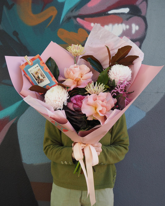 Pretty pink and cream bouquet with added photo gift card | Florist choice flowers from East End Flower Market