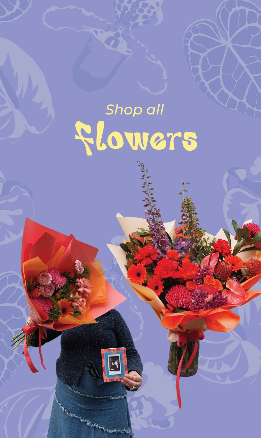 Floral display with text 'Shop all flowers' on a purple background with floral patterns.
