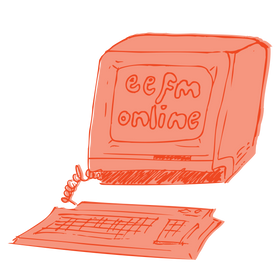 Illustration of a computer with 'eefm online' on the screen, drawn in red 
