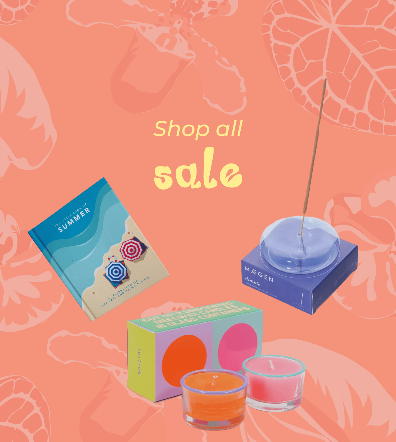 various giftware items on a graphic background with text that says "shop all sale"