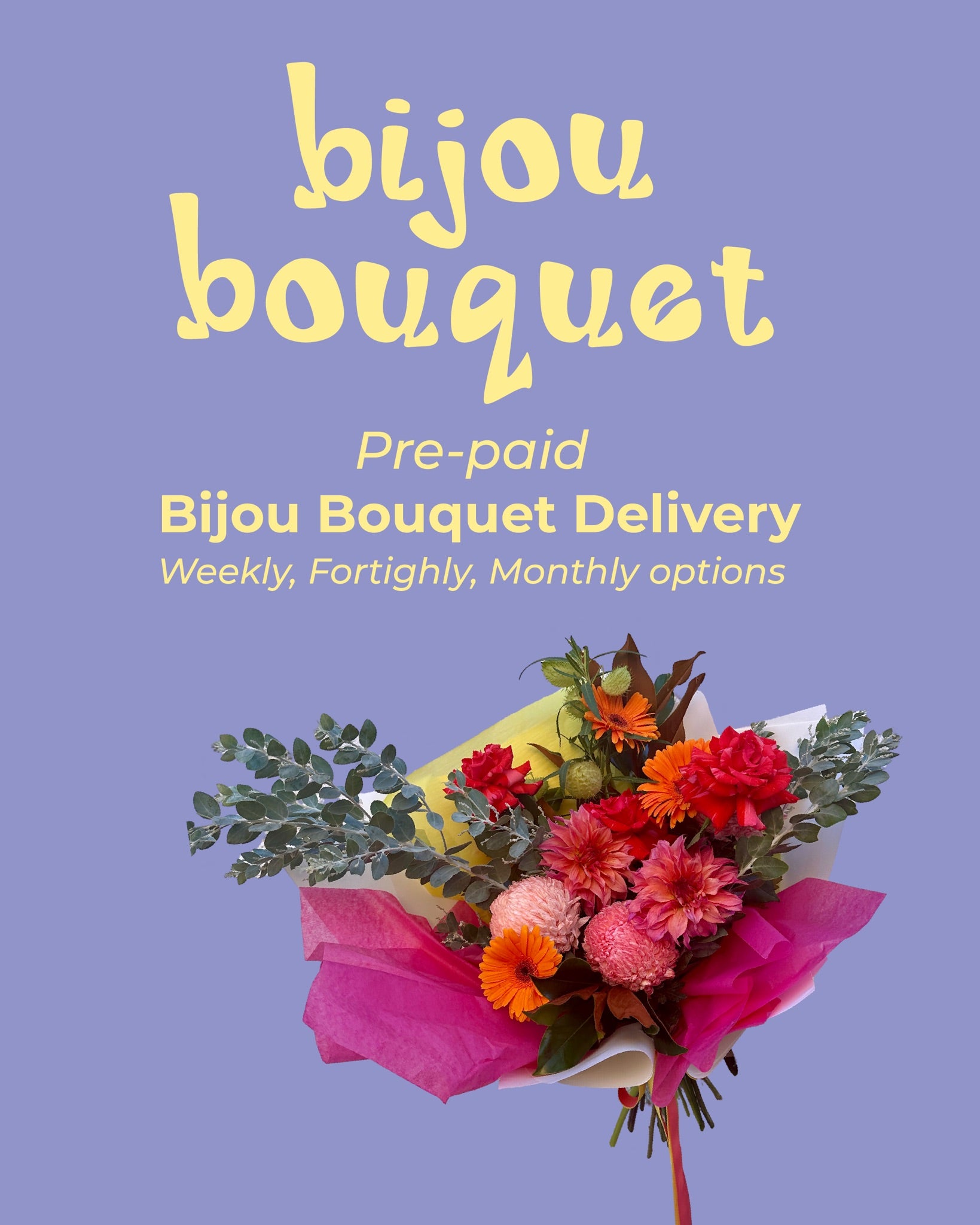 Bijou Bouquet delivery service advertisement with a colorful bouquet on a purple background