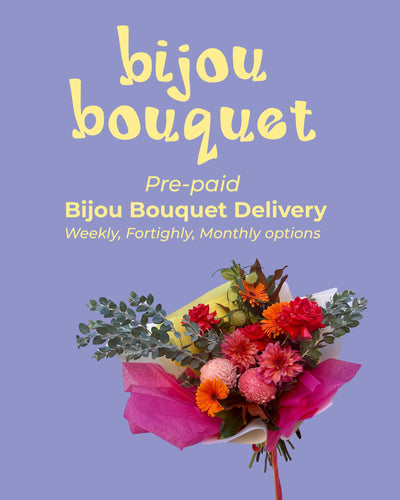 Bijou Bouquet delivery service advertisement with a colorful bouquet on a purple background
