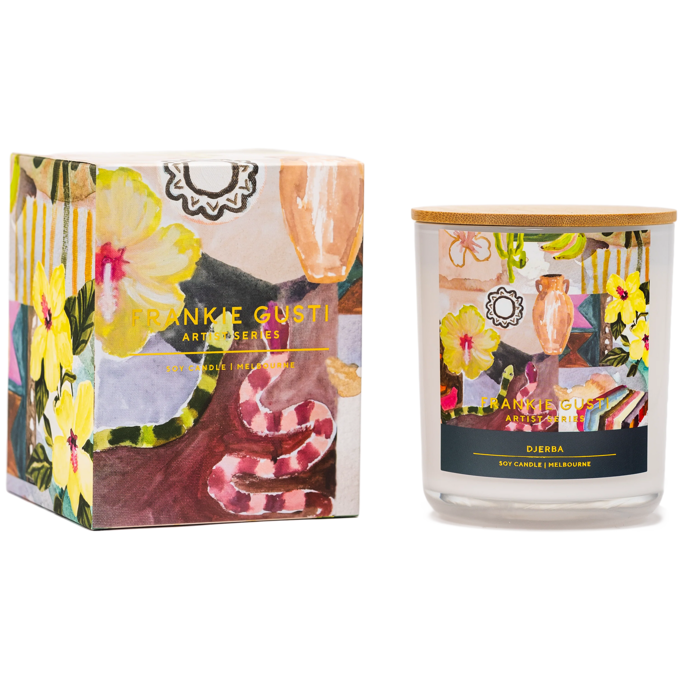 Candle with decorative packaging featuring floral and abstract designs, and 'Jankee Gusti' branding.