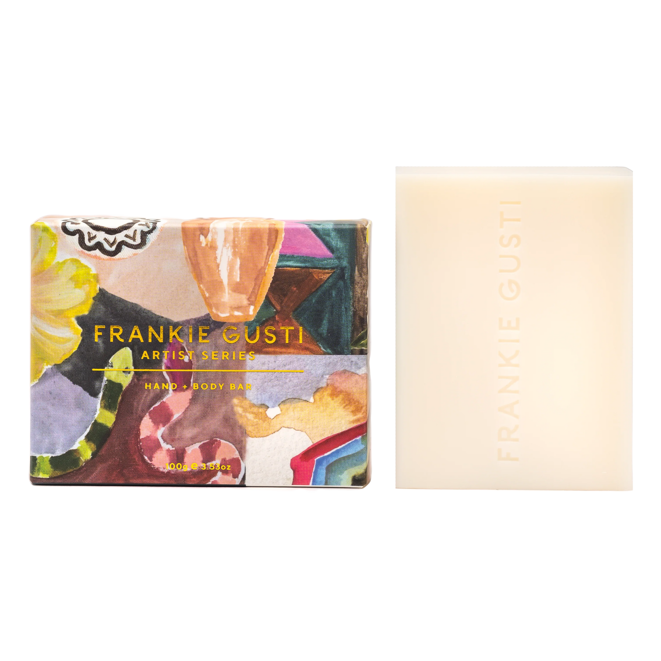 Frankie Gusti soap bar with colorful packaging on a white background