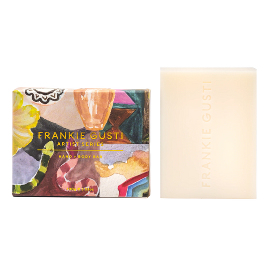 Frankie Gusti soap bar with colorful packaging on a white background