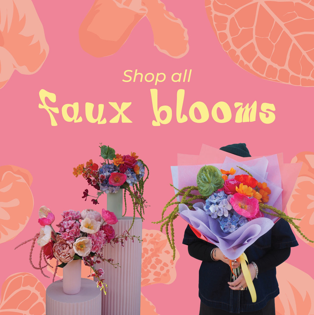 Promotional graphic for faux blooms with colorful floral arrangements on a pink background.