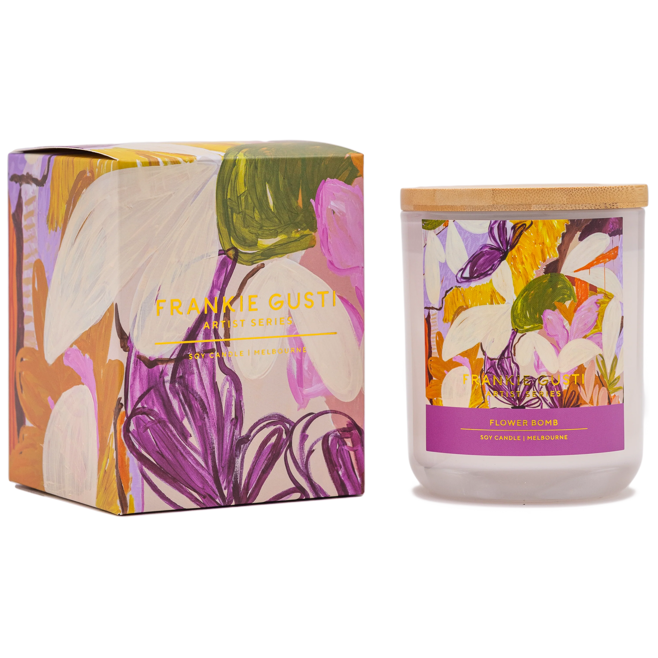 Candle with floral design packaging and Frankie Gusti branding
