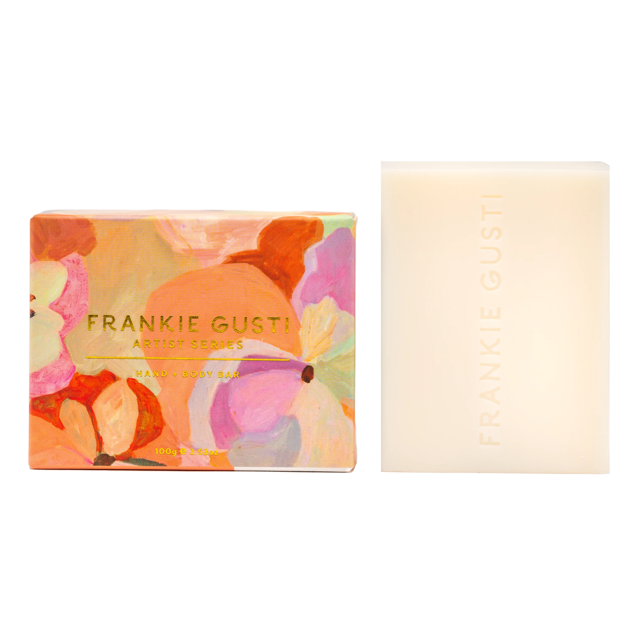 Bar of soap with floral packaging and visible brand name on a white background