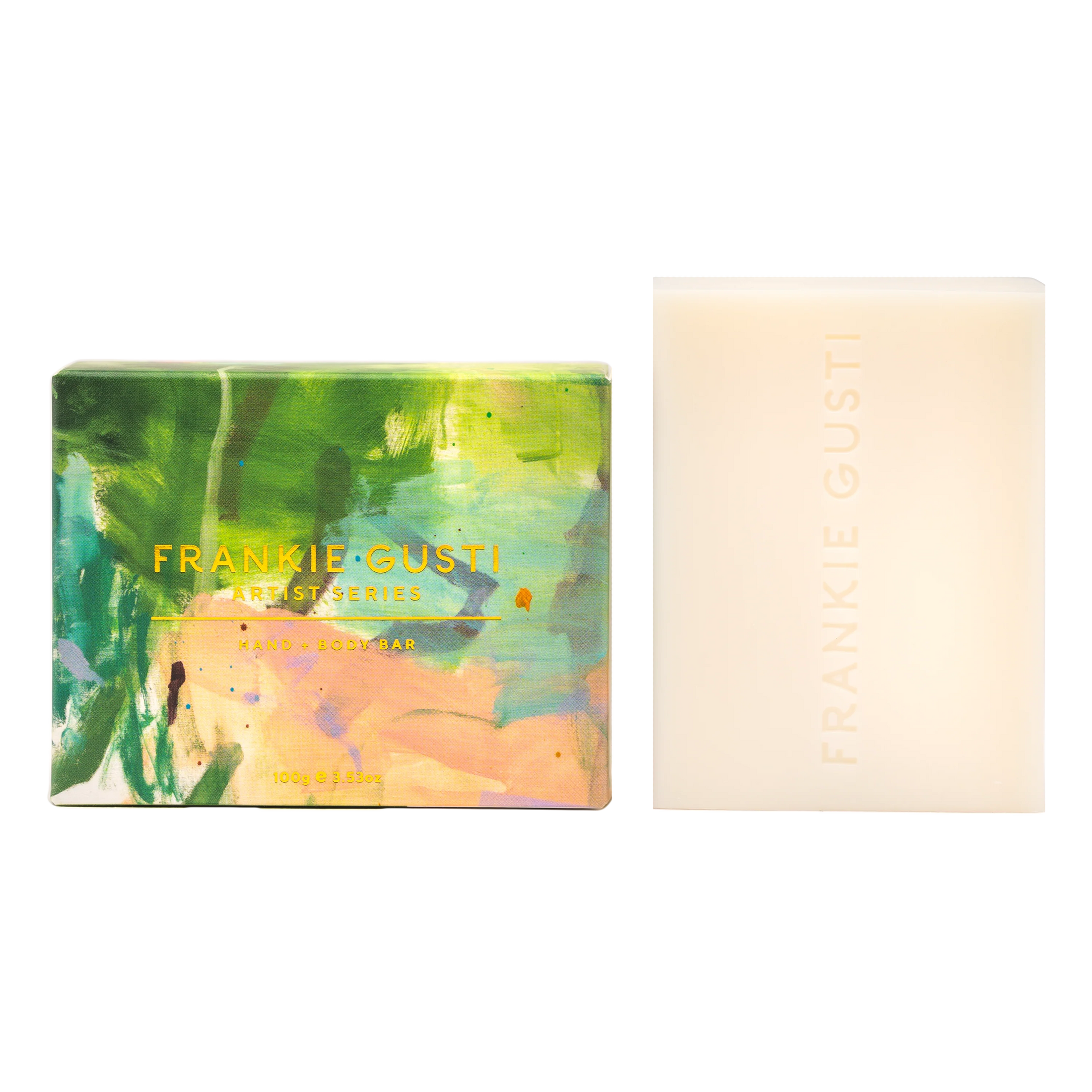 Frankie Gusti soap bar with colorful packaging on a white background