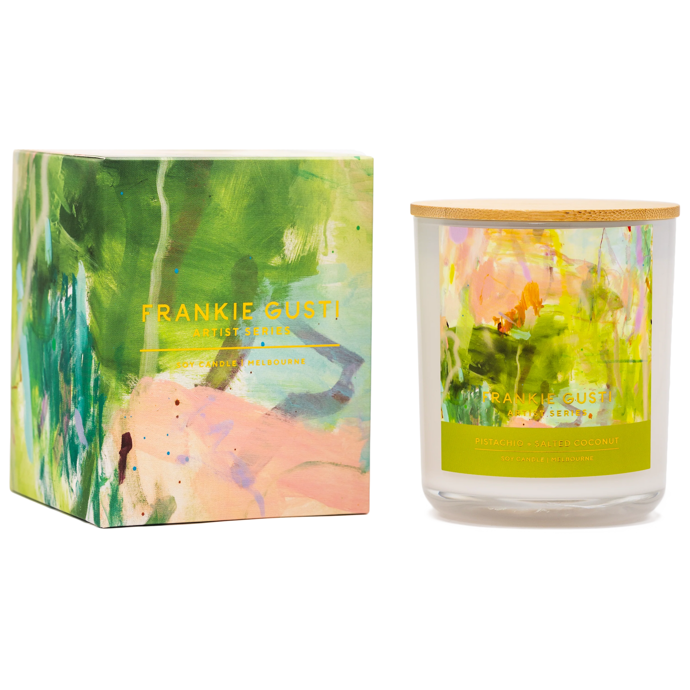 Candle with floral design and matching packaging by Frankie Gusti on a white background