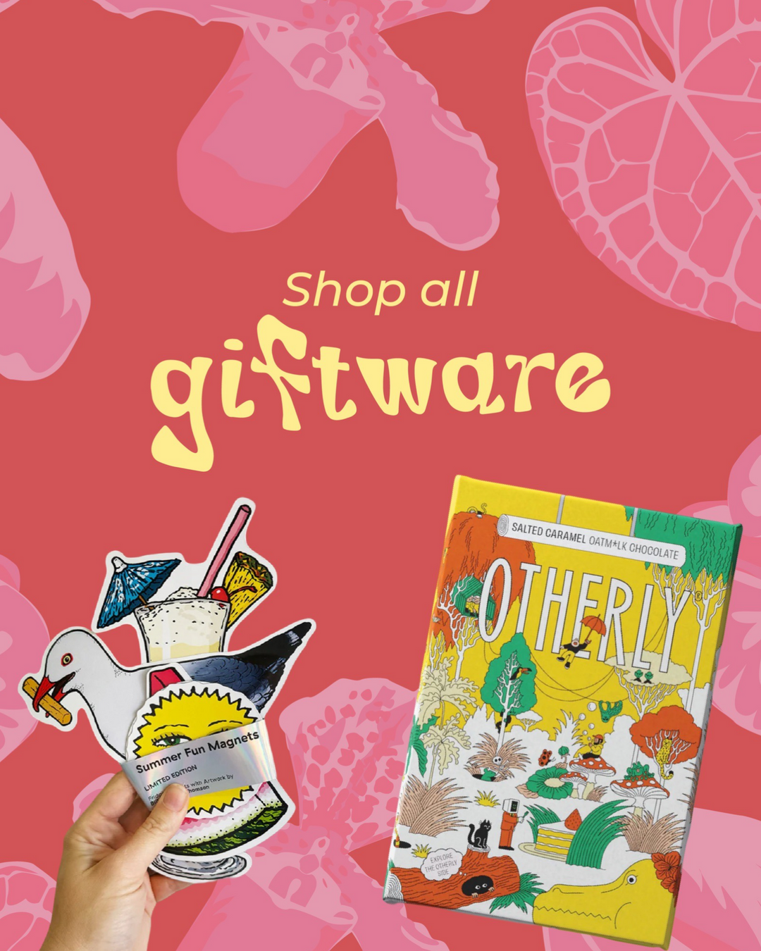 Promotional image with 'Shop all giftware' text, a hand holding a product, and a colorful book on a pink background.
