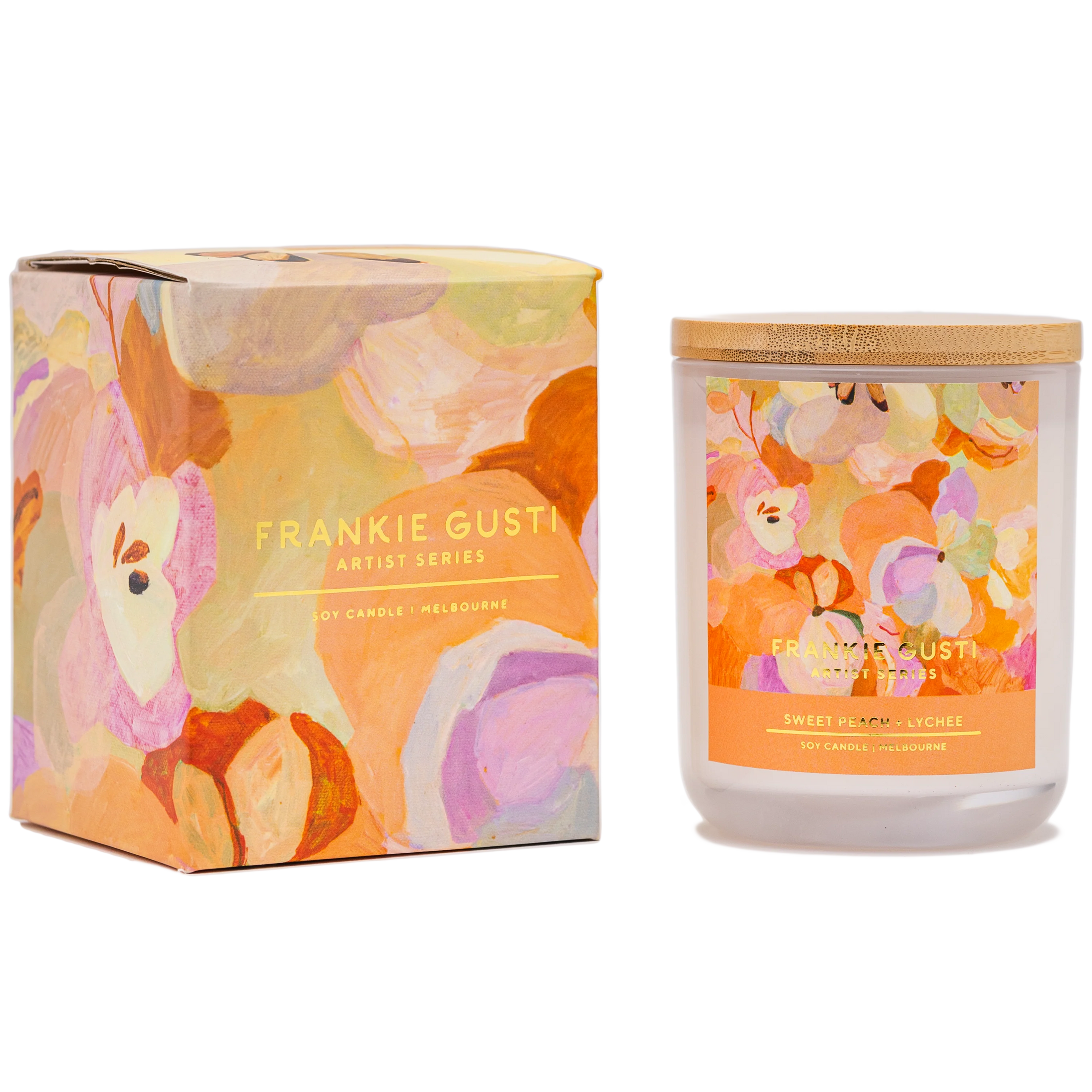 Floral candle and packaging by Frankie Gusti on a white background